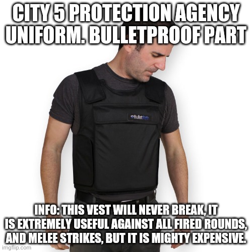 bullet proof vest | CITY 5 PROTECTION AGENCY UNIFORM. BULLETPROOF PART; INFO: THIS VEST WILL NEVER BREAK, IT IS EXTREMELY USEFUL AGAINST ALL FIRED ROUNDS, AND MELEE STRIKES, BUT IT IS MIGHTY EXPENSIVE. | made w/ Imgflip meme maker