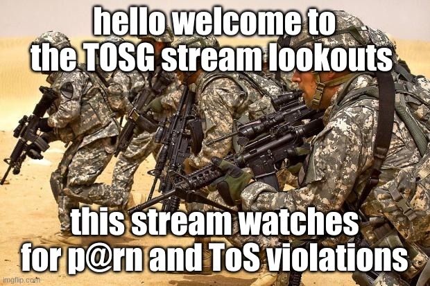 yep | hello welcome to the TOSG stream lookouts; this stream watches for p@rn and ToS violations | image tagged in military | made w/ Imgflip meme maker