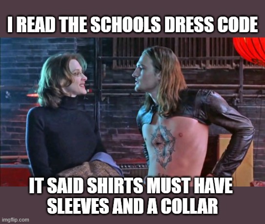 follow the rules | I READ THE SCHOOLS DRESS CODE; IT SAID SHIRTS MUST HAVE 
SLEEVES AND A COLLAR | image tagged in school,dress code,rules,shirt | made w/ Imgflip meme maker