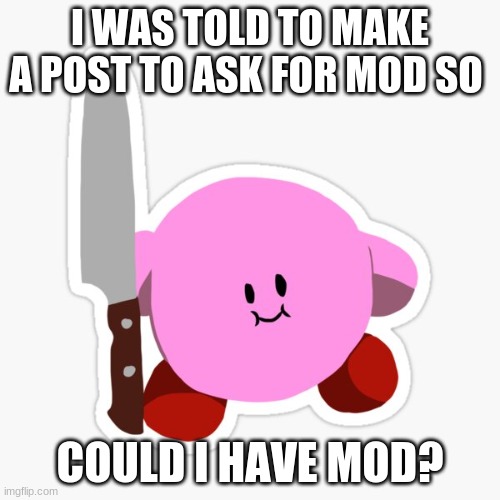 kirb |  I WAS TOLD TO MAKE A POST TO ASK FOR MOD SO; COULD I HAVE MOD? | image tagged in kirb | made w/ Imgflip meme maker