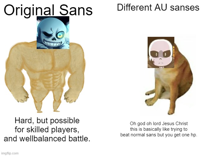 Like bro | Original Sans; Different AU sanses; Hard, but possible for skilled players, and wellbalanced battle. Oh god oh lord Jesus Christ this is basically like trying to beat normal sans but you get one hp. | image tagged in memes,buff doge vs cheems | made w/ Imgflip meme maker