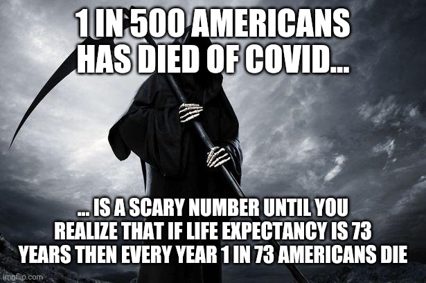 You can do the math | 1 IN 500 AMERICANS HAS DIED OF COVID... ... IS A SCARY NUMBER UNTIL YOU REALIZE THAT IF LIFE EXPECTANCY IS 73 YEARS THEN EVERY YEAR 1 IN 73 AMERICANS DIE | image tagged in death | made w/ Imgflip meme maker