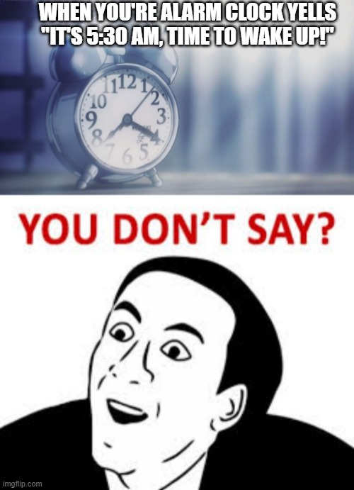 Like Actually! | WHEN YOU'RE ALARM CLOCK YELLS "IT'S 5:30 AM, TIME TO WAKE UP!" | image tagged in most hated alarm clock,you don t say | made w/ Imgflip meme maker