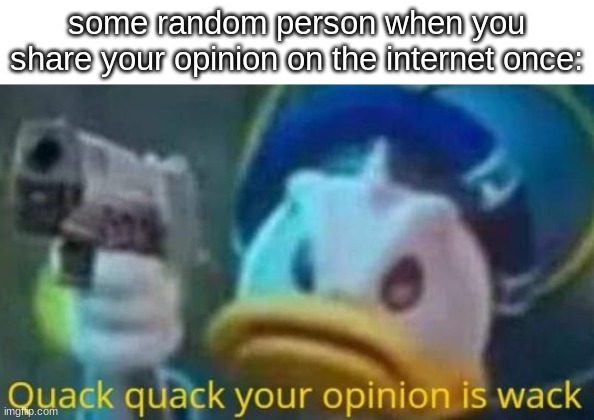 bruh | some random person when you share your opinion on the internet once: | image tagged in quack quack your opinion is wack,the internet,relatable,memes,funny | made w/ Imgflip meme maker