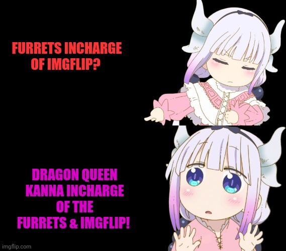Kanna is the dragon queen of imgflip! | FURRETS INCHARGE OF IMGFLIP? DRAGON QUEEN KANNA INCHARGE OF THE FURRETS & IMGFLIP! | image tagged in kanna drake,kanna,dragon,queen,anime girl | made w/ Imgflip meme maker