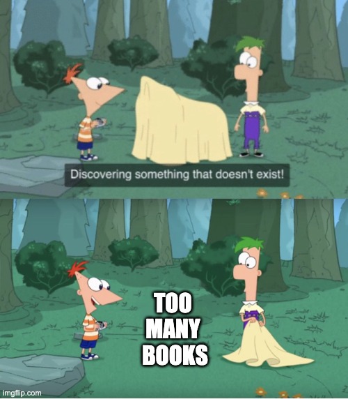Doesn't Too Many Books Doesn't Exist | TOO 
MANY 
BOOKS | image tagged in discovering something that doesn t exist | made w/ Imgflip meme maker