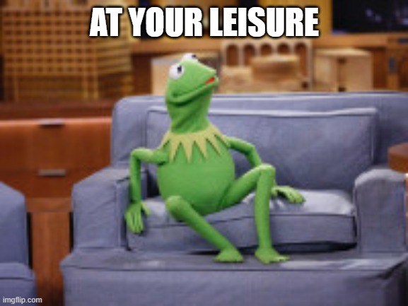 Kermit - At your leisure | AT YOUR LEISURE | image tagged in kermit sitting on the couch,leisure,couch,easy,taking it easy,at your leisure | made w/ Imgflip meme maker