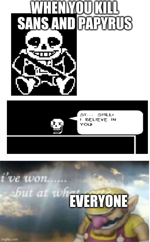 True |  WHEN YOU KILL SANS AND PAPYRUS; EVERYONE | image tagged in i won but at what cost,memes,truth,undertale,sans undertale,papyrus undertale | made w/ Imgflip meme maker