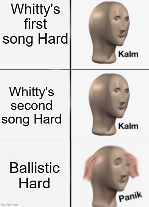 P A N I K | Whitty's first song Hard; Whitty's second song Hard; Ballistic Hard | image tagged in kalm kalm panik | made w/ Imgflip meme maker