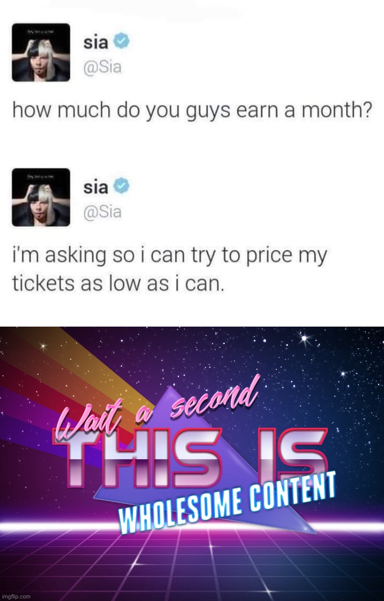 Not bad Sia | image tagged in sia tickets,wait a second this is wholesome content,sia,not bad,wholesome,musician | made w/ Imgflip meme maker