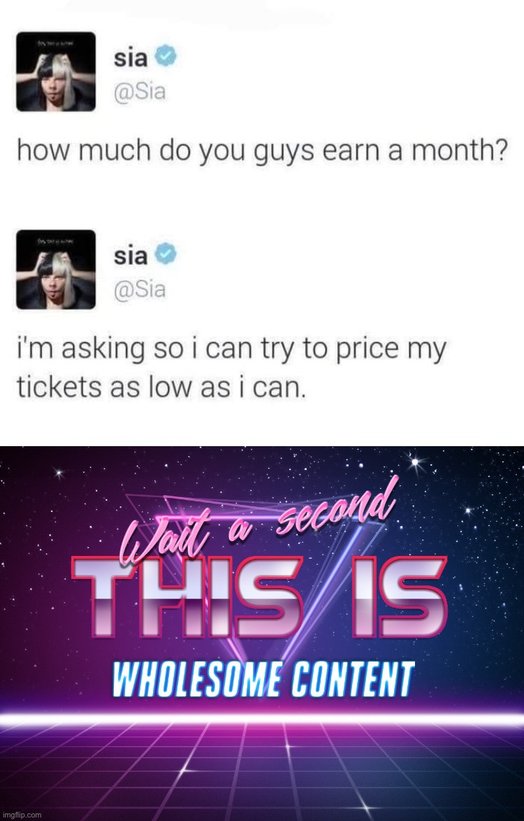 Not bad Sia | image tagged in sia tickets,wait a second this is wholesome content,not bad,sia,wholesome,musician | made w/ Imgflip meme maker