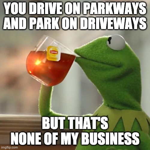 You Drive On Parkways and Park on Driveways | YOU DRIVE ON PARKWAYS AND PARK ON DRIVEWAYS; BUT THAT'S NONE OF MY BUSINESS | image tagged in memes,but that's none of my business,kermit the frog | made w/ Imgflip meme maker