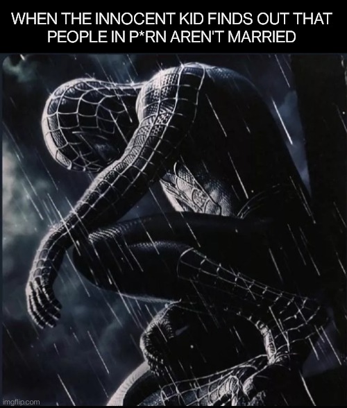 /\/۝/\/ | WHEN THE INNOCENT KID FINDS OUT THAT
PEOPLE IN P*RN AREN'T MARRIED | image tagged in spiderman,sad spiderman,memes,funny,kids,dark humor | made w/ Imgflip meme maker