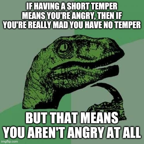 Philosoraptor Meme | IF HAVING A SHORT TEMPER MEANS YOU'RE ANGRY, THEN IF YOU'RE REALLY MAD YOU HAVE NO TEMPER; BUT THAT MEANS YOU AREN'T ANGRY AT ALL | image tagged in memes,philosoraptor | made w/ Imgflip meme maker
