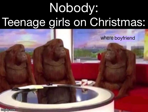 Where banana blank | Nobody:; Teenage girls on Christmas:; boyfriend | image tagged in where banana blank | made w/ Imgflip meme maker