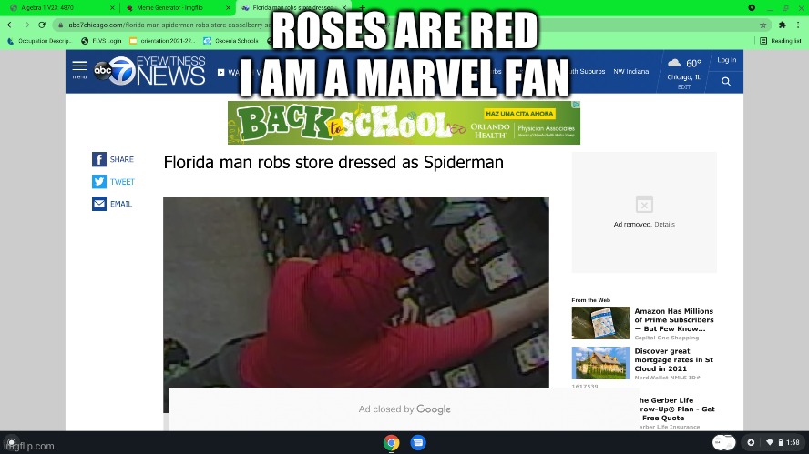 Day 3 of Florida man | ROSES ARE RED
I AM A MARVEL FAN | image tagged in spider man,meme,memes,florida man,crime | made w/ Imgflip meme maker