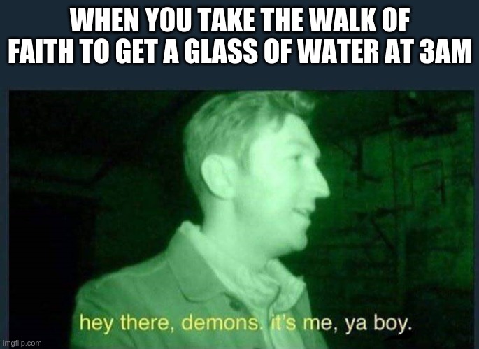 hey there , demons it's me , ya boy. | WHEN YOU TAKE THE WALK OF FAITH TO GET A GLASS OF WATER AT 3AM | image tagged in hey there demons it's me ya boy | made w/ Imgflip meme maker