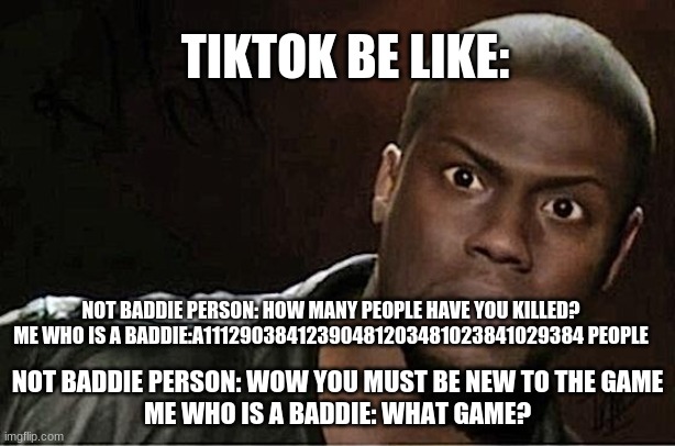 Tiktok be like: |  TIKTOK BE LIKE:; NOT BADDIE PERSON: HOW MANY PEOPLE HAVE YOU KILLED?
ME WHO IS A BADDIE:A11129038412390481203481023841029384 PEOPLE; NOT BADDIE PERSON: WOW YOU MUST BE NEW TO THE GAME
ME WHO IS A BADDIE: WHAT GAME? | image tagged in memes,kevin hart,im gay,hehehe,stop,taken | made w/ Imgflip meme maker