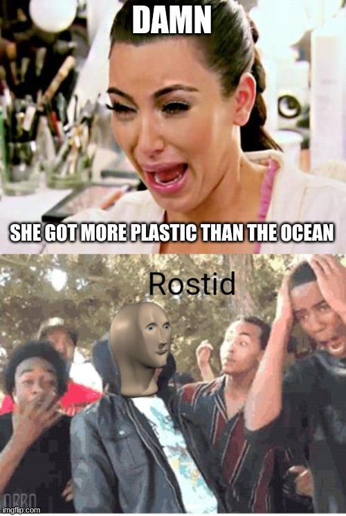 DAMN; SHE GOT MORE PLASTIC THAN THE OCEAN | image tagged in kim kardashian,meme man rostid | made w/ Imgflip meme maker