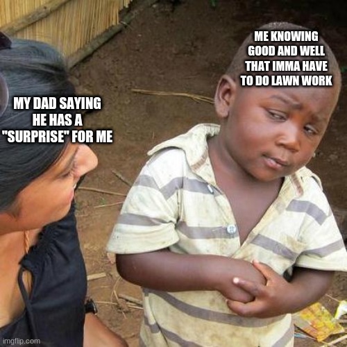 True tho | ME KNOWING GOOD AND WELL THAT IMMA HAVE TO DO LAWN WORK; MY DAD SAYING HE HAS A "SURPRISE" FOR ME | image tagged in memes,third world skeptical kid | made w/ Imgflip meme maker