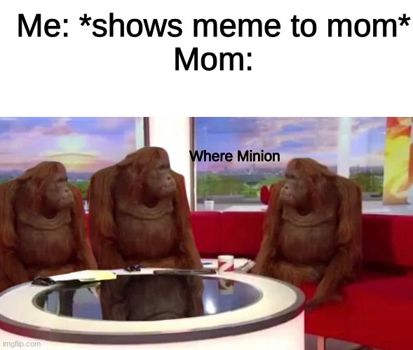 Boomer | Me: *shows meme to mom*
Mom:; Where Minion | image tagged in where monkey,lol,stop reading the tags,oh wow are you actually reading these tags | made w/ Imgflip meme maker