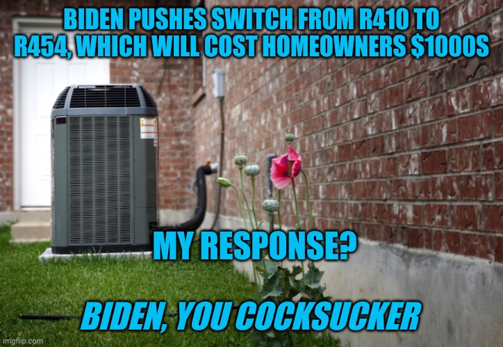 Dear God, please save us from dumpster fire Biden | BIDEN PUSHES SWITCH FROM R410 TO R454, WHICH WILL COST HOMEOWNERS $1000S; MY RESPONSE? BIDEN, YOU COCKSUCKER | image tagged in scumbag air conditioner | made w/ Imgflip meme maker