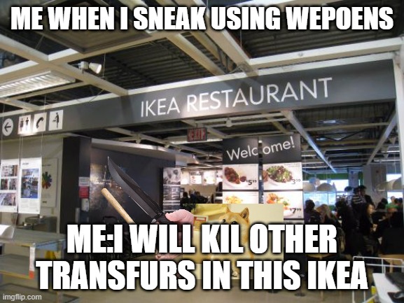 ikea restraunt | ME WHEN I SNEAK USING WEPOENS; ME:I WILL KIL OTHER TRANSFURS IN THIS IKEA | image tagged in ikea restraunt | made w/ Imgflip meme maker