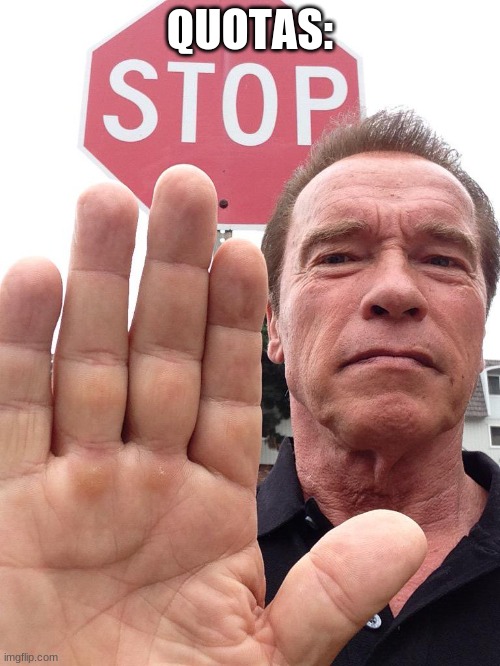 Arnold Schwarzenegger Stop | QUOTAS: | image tagged in arnold schwarzenegger stop | made w/ Imgflip meme maker