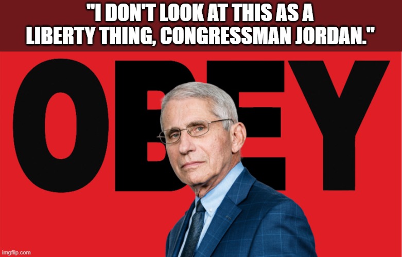 Congressman Jordan asked, "When do Americans get their 1st Amendment Liberties back?" | "I DON'T LOOK AT THIS AS A LIBERTY THING, CONGRESSMAN JORDAN." | image tagged in obey dr fauci | made w/ Imgflip meme maker