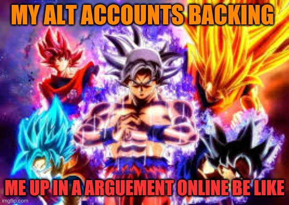 ultra |  MY ALT ACCOUNTS BACKING; ME UP IN A ARGUEMENT ONLINE BE LIKE | image tagged in ultra | made w/ Imgflip meme maker