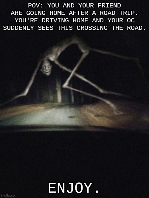 POV: YOU AND YOUR FRIEND ARE GOING HOME AFTER A ROAD TRIP. YOU'RE DRIVING HOME AND YOUR OC SUDDENLY SEES THIS CROSSING THE ROAD. ENJOY. | made w/ Imgflip meme maker