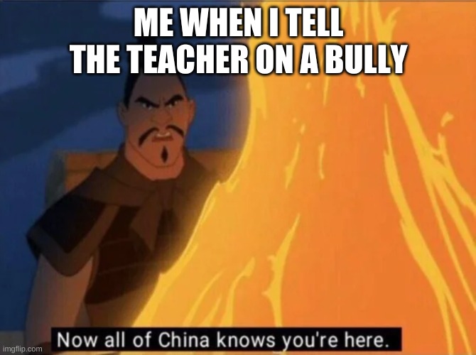 Bully Busted | ME WHEN I TELL THE TEACHER ON A BULLY | image tagged in now all of china knows you're here,school | made w/ Imgflip meme maker