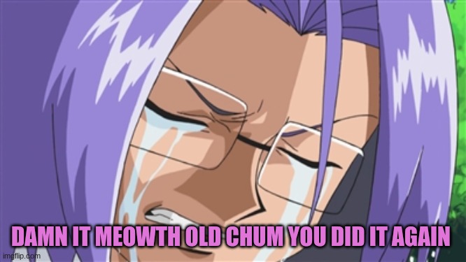 Crying James Pokemon | DAMN IT MEOWTH OLD CHUM YOU DID IT AGAIN | image tagged in crying james pokemon | made w/ Imgflip meme maker
