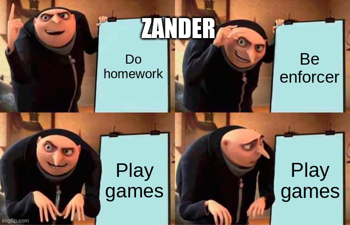 Gru's Plan | ZANDER; Do homework; Be enforcer; Play games; Play games | image tagged in memes,gru's plan | made w/ Imgflip meme maker