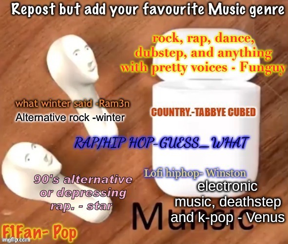 lol | rock, rap, dance, dubstep, and anything with pretty voices - Funguy | image tagged in trend | made w/ Imgflip meme maker