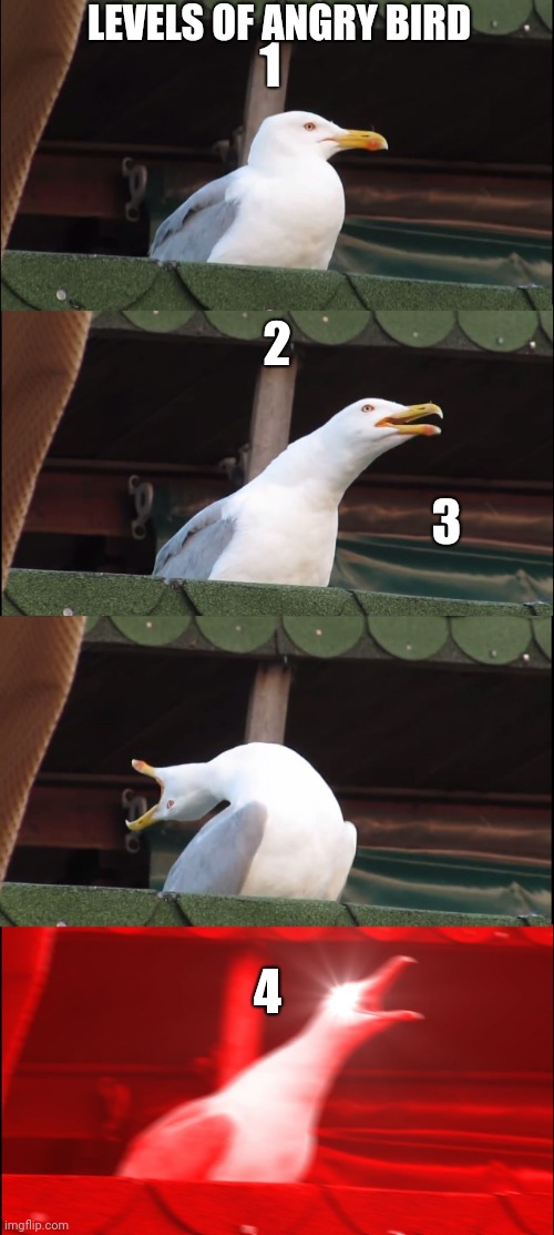 Levels Of Angry Bird | LEVELS OF ANGRY BIRD; 1; 2; 3; 4 | image tagged in memes,inhaling seagull,angry | made w/ Imgflip meme maker