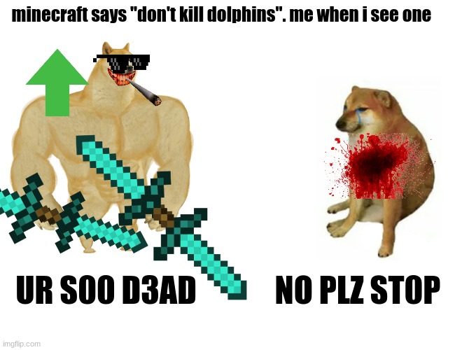 Buff Doge vs. Cheems | minecraft says "don't kill dolphins". me when i see one; UR S00 D3AD; NO PLZ ST0P | image tagged in memes,buff doge vs cheems | made w/ Imgflip meme maker