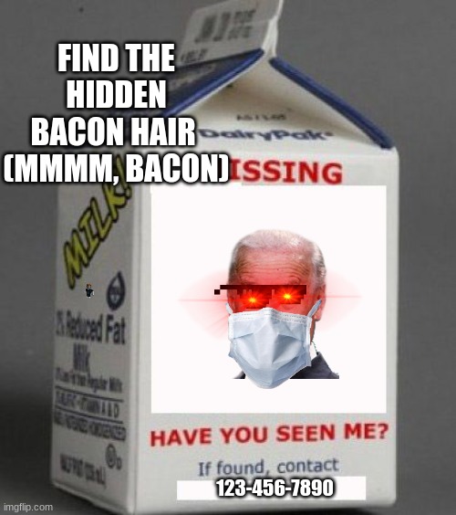 ol biden got lost | FIND THE HIDDEN BACON HAIR  (MMMM, BACON); 123-456-7890 | image tagged in milk carton | made w/ Imgflip meme maker