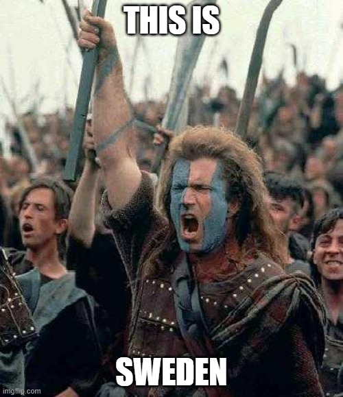 I dunno what this is from, but they look Nordic and wearing blue so Sweden my guess | THIS IS; SWEDEN | image tagged in braveheart | made w/ Imgflip meme maker