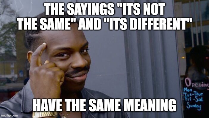 Roll Safe Think About It Meme | THE SAYINGS "ITS NOT THE SAME" AND "ITS DIFFERENT"; HAVE THE SAME MEANING | image tagged in memes,roll safe think about it | made w/ Imgflip meme maker