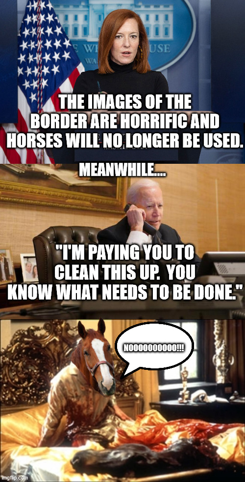 THE IMAGES OF THE BORDER ARE HORRIFIC AND HORSES WILL NO LONGER BE USED. MEANWHILE.... "I'M PAYING YOU TO CLEAN THIS UP.  YOU KNOW WHAT NEEDS TO BE DONE."; NOOOOOOOOOO!!! | image tagged in jen psaki,biden phone call,godfather horse head | made w/ Imgflip meme maker