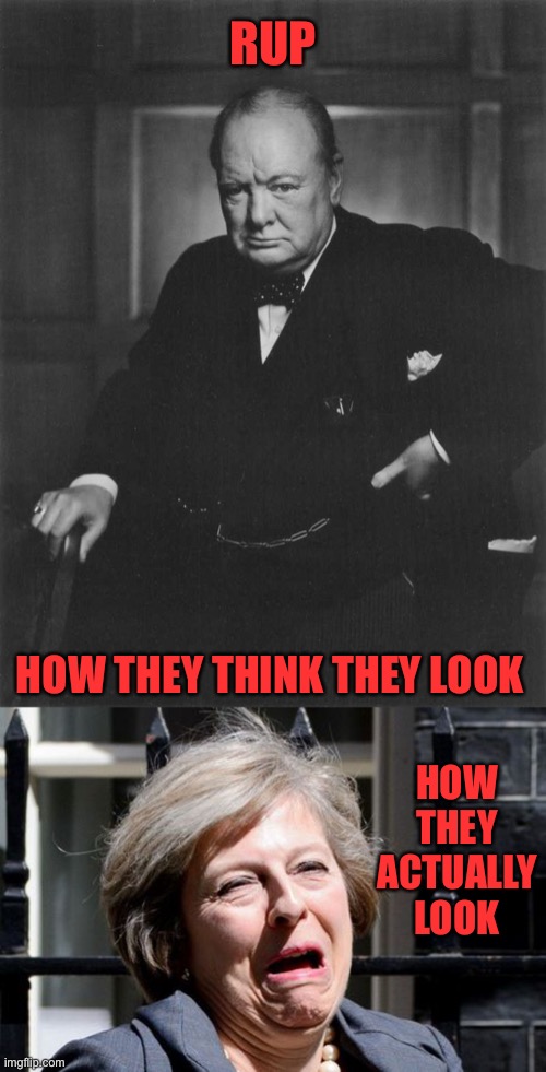Reject corRUPtion, return to Common Sense | RUP; HOW THEY THINK THEY LOOK; HOW THEY ACTUALLY LOOK | image tagged in winston churchill,theresa may ukip pm brexit | made w/ Imgflip meme maker