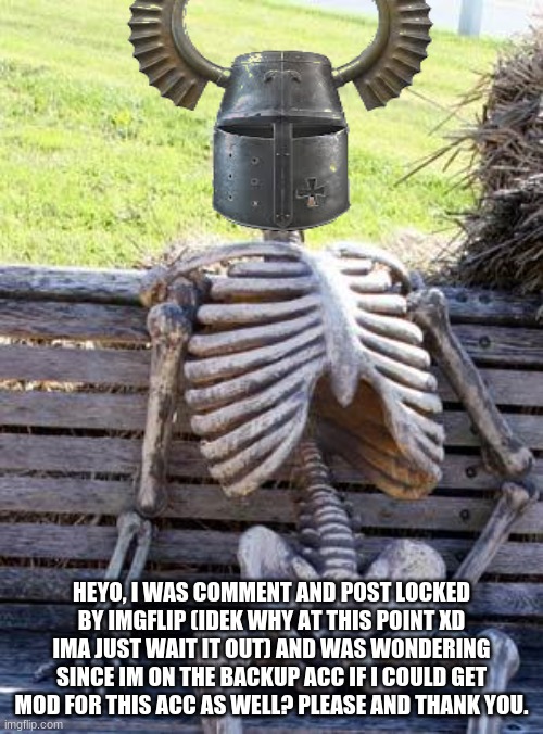 teutonic noises* | HEYO, I WAS COMMENT AND POST LOCKED BY IMGFLIP (IDEK WHY AT THIS POINT XD IMA JUST WAIT IT OUT) AND WAS WONDERING SINCE IM ON THE BACKUP ACC IF I COULD GET MOD FOR THIS ACC AS WELL? PLEASE AND THANK YOU. | image tagged in memes,waiting skeleton | made w/ Imgflip meme maker