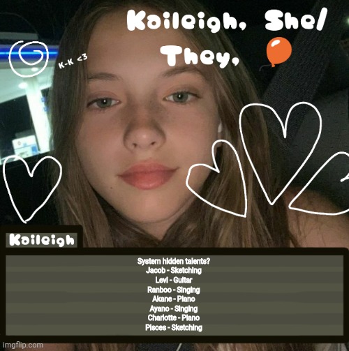 System hidden talents?
Jacob - Sketching
Levi - Guitar
Ranboo - Singing
Akane - Piano
Ayano - Singing
Charlotte - Piano
Pisces - Sketching | image tagged in kaileigh | made w/ Imgflip meme maker