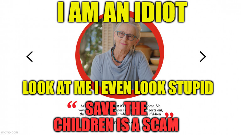 Save the children fund | I AM AN IDIOT; LOOK AT ME I EVEN LOOK STUPID; SAVE   THE CHILDREN IS A SCAM | image tagged in scammers,scam,tv ads,idiots,new zealand,suckers | made w/ Imgflip meme maker