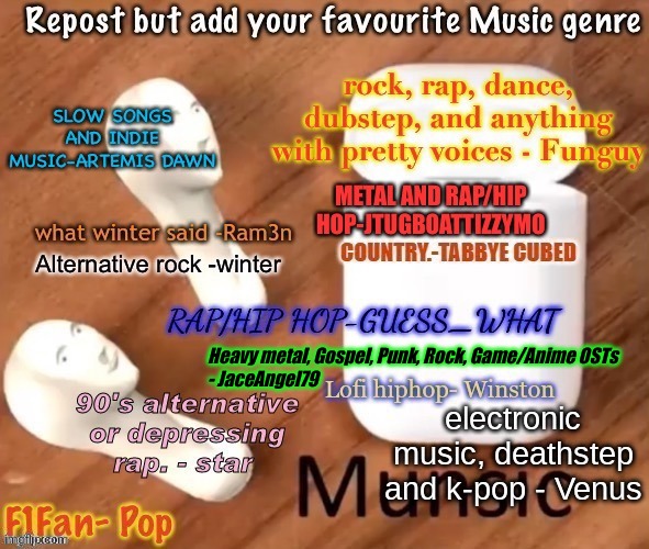 Heavy metal, Gospel, Punk, Rock, Game/Anime OSTs
- JaceAngel79 | image tagged in memes | made w/ Imgflip meme maker