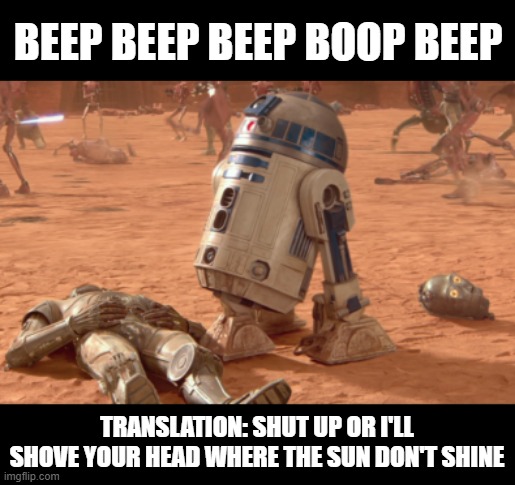 R2 Told Him | BEEP BEEP BEEP BOOP BEEP; TRANSLATION: SHUT UP OR I'LL SHOVE YOUR HEAD WHERE THE SUN DON'T SHINE | image tagged in c3p0 no head | made w/ Imgflip meme maker