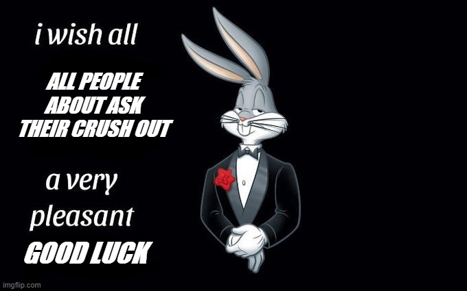good luck | ALL PEOPLE ABOUT ASK THEIR CRUSH OUT; GOOD LUCK | image tagged in i wish all the x a very pleasant evening,meme_supremacy,funny memes,good luck | made w/ Imgflip meme maker