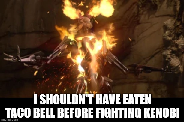 One Chalupa Too Many | I SHOULDN'T HAVE EATEN TACO BELL BEFORE FIGHTING KENOBI | image tagged in grievous burning | made w/ Imgflip meme maker