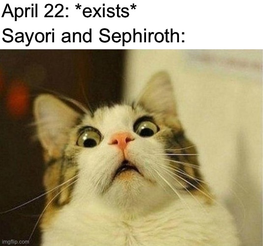 You know what day it is | April 22: *exists*; Sayori and Sephiroth: | image tagged in memes,scared cat,sayori and sephiroth | made w/ Imgflip meme maker